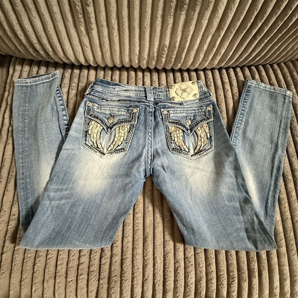 Miss Me Jeans Embellished Angel Wing Flap Pockets Blue Women’s 29